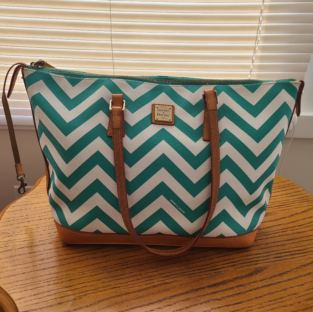 Dooney and Bourke Teal Chevron Tote Bag. Dooney & Bourke Chevron Teal & White